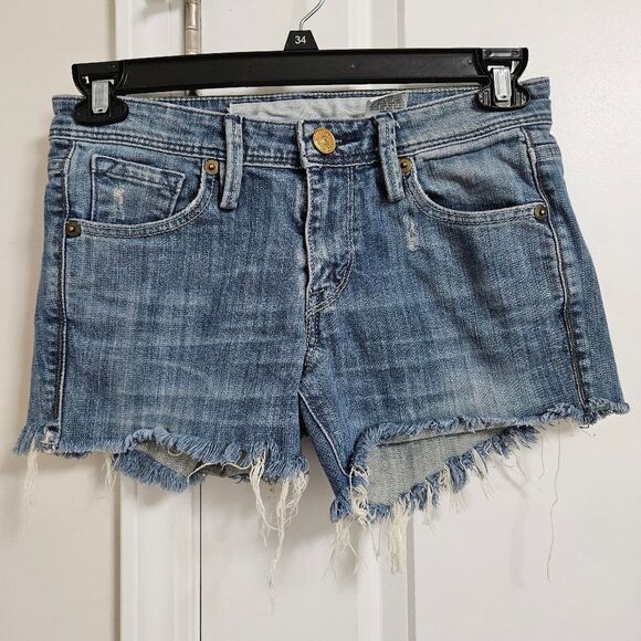 Levi's Cut Off Denim Jean Shorts Junior 5 (28x3) Blue Distressed Hippie Low-Rise - Picture 1 of 8